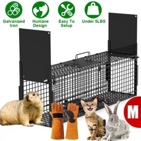 Live Animal Cage Trap For Animals Humane Galvanized Iron Trap Cage For Raccoons Armadillos Foxes Opossums Muskrats Beavers 26in 32in 40in Size Options (Option: Black-M Size 32in-With Glove)