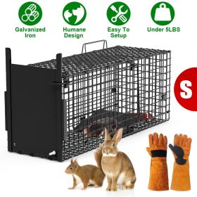 Live Animal Cage Trap For Animals Humane Galvanized Iron Trap Cage For Raccoons Armadillos Foxes Opossums Muskrats Beavers 26in 32in 40in Size Options (Option: Black-S Size 26in-With Glove)