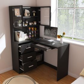 Computer Desk with Glass Cabinets & Built-In LED Lights, Corner L-Shaped Office Desk with USB Charging Ports, Keyboard Tray (Color: Black)