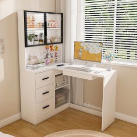 Computer Desk with Glass Cabinets & Built-In LED Lights, Corner L-Shaped Office Desk with USB Charging Ports, Keyboard Tray (Color: White)