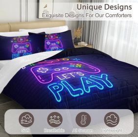 Gaming Comforter Set for Boys Trippy Gamer Bed Set with Comforter and Pillow Shams Neon Purple Blue 3 Piece Game Contoller Bedding Set for Kids Teens (Color: Black, size: Full)