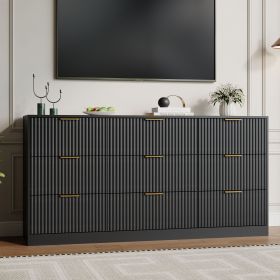 Fluted Dresser For Bedroom, Wood Storage Cabinet With Golden Metal Handles, Modern Closet Of Drawers for Living Room (Color: Black)