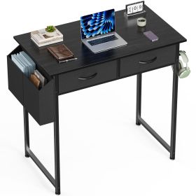 Computer Desk Small Home Office Bedroom Writing Study PC Table with Storage Space Fabric Side Bag Headphone Hook Metal Frame Adjustable (Color: Black/32 Inches)