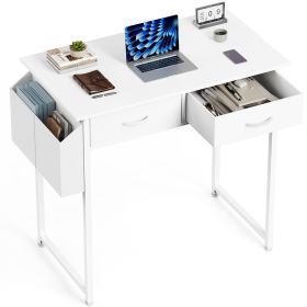 Computer Desk Small Home Office Bedroom Writing Study PC Table with Storage Space Fabric Side Bag Headphone Hook Metal Frame Adjustable (Color: white/32 Inches)