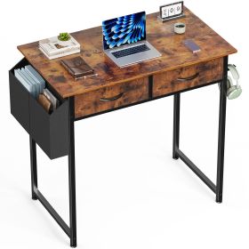 Computer Desk Small Home Office Bedroom Writing Study PC Table with Storage Space Fabric Side Bag Headphone Hook Metal Frame Adjustable (Color: brown/32 Inches)