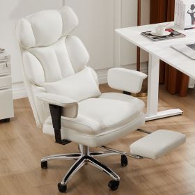 Executive Home Office Desk Chair Ergonomic High Back with Footrest & Lumbar Support, Reclining Height Adjustable PU Leather with Swivel Wheels (Color: White)