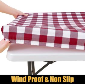 Rectangle Picnic Table Cloth, Elastic Waterproof Fitted Vinyl Tablecloths, Flannel Backed Buffalo Plaid Table Covers for Dining, Camping, Outdoor (Color: Burgundy and White)