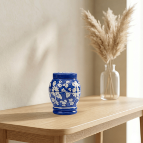 Floral pottery urns for ashes (Color: Blue with White Florals Pottery Urns, size: MINI+)