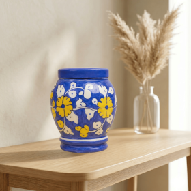 Floral pottery urns for ashes (Color: Blue with White and Yellow Florals Pottery Urns, size: 1.0)