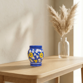 Floral pottery urns for ashes (Color: Blue with White and Yellow Florals Pottery Urns, size: MINI)