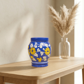 Floral pottery urns for ashes (Color: Blue with White and Yellow Florals Pottery Urns, size: MINI+)