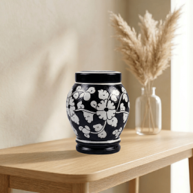 Floral pottery urns for ashes (Color: Black with White Florals Pottery Urns, size: 1.0)
