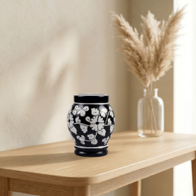Floral pottery urns for ashes (Color: Black with White Florals Pottery Urns, size: MINI+)