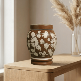 Floral pottery urns for ashes (Color: Brown with White Florals Pottery Urns, size: 3.0)