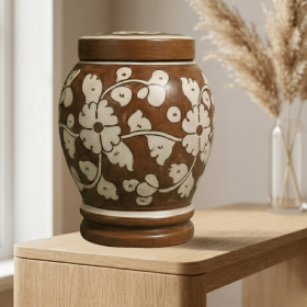 Floral pottery urns for ashes (Color: Brown with White Florals Pottery Urns, size: 4.0)