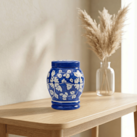 Floral pottery urns for ashes (Color: Blue with White Florals Pottery Urns, size: 1.0)