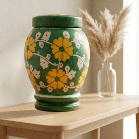 Floral pottery urns for ashes (Color: Green with White and Yellow Florals Pottery Urns, size: 4.0)