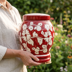 Floral pottery urns for ashes (Color: Red with White Florals Pottery Urns, size: 3.0)