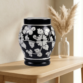 Floral pottery urns for ashes (Color: Black with White Florals Pottery Urns, size: 3.0)