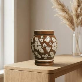 Floral pottery urns for ashes (Color: Brown with White Florals Pottery Urns, size: MINI+)