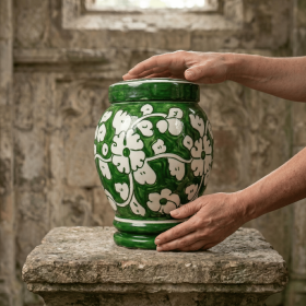 Floral pottery urns for ashes (Color: Green with White Florals Pottery Urns, size: MINI)