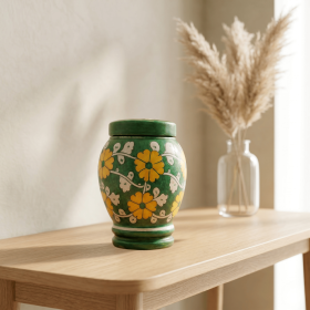 Floral pottery urns for ashes (Color: Green with White and Yellow Florals Pottery Urns, size: 1.0)