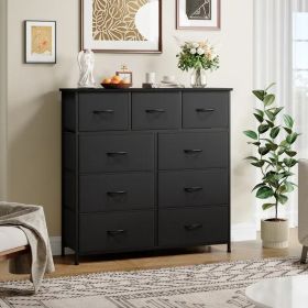 9 Drawer Dresser with Metal Frame and Wooden Top Fabric Storage Organizer Tower for Bedroom Living Room Entryway Office Closet Classic Freestanding Wa (Color: Black)