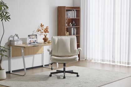 Leather Criss Cross Chair with Flip-Up Armrests, Cross Legged Office Chair on Wheels (Color: Beige)