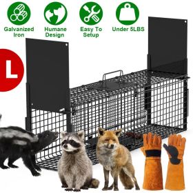 Live Animal Cage Trap For Animals Humane Galvanized Iron Trap Cage For Raccoons Armadillos Foxes Opossums Muskrats Beavers 26in 32in 40in Size Options (Option: Black-L Size 40in-With Glove)
