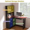 Computer Desk with Glass Cabinets & Built-In LED Lights, Corner L-Shaped Office Desk with USB Charging Ports, Keyboard Tray