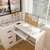 Computer Desk with Glass Cabinets & Built-In LED Lights, Corner L-Shaped Office Desk with USB Charging Ports, Keyboard Tray