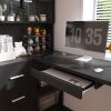 Computer Desk with Glass Cabinets & Built-In LED Lights, Corner L-Shaped Office Desk with USB Charging Ports, Keyboard Tray